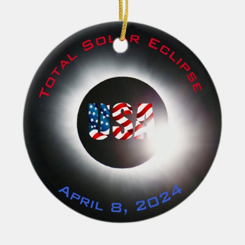 USA FLAG Total solar eclipse April 8 2024 Ceramic Ornament