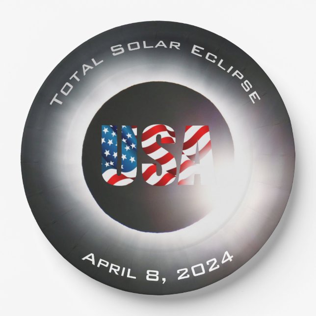 USA FLAG Total solar eclipse April 8, 2024 Paper Plates (Front)