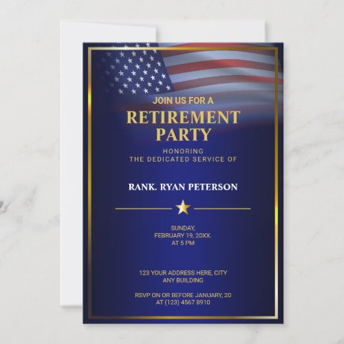 USA Flag  Transparent  Gold Frame  Luxury Blue Invitation
