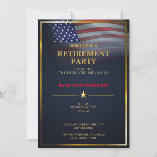 USA Flag | Transparent | Gold Frame | Luxury Blue Invitation (Front)