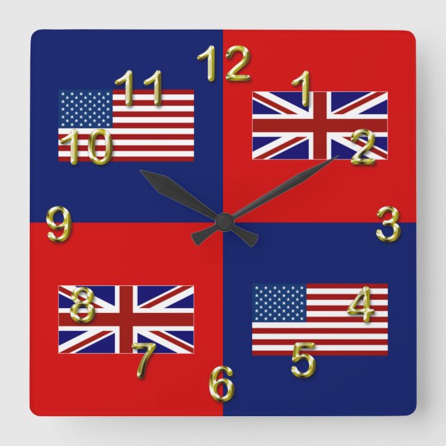 USA Flag & UK Flag Pattern Square Wall Clock (Front)