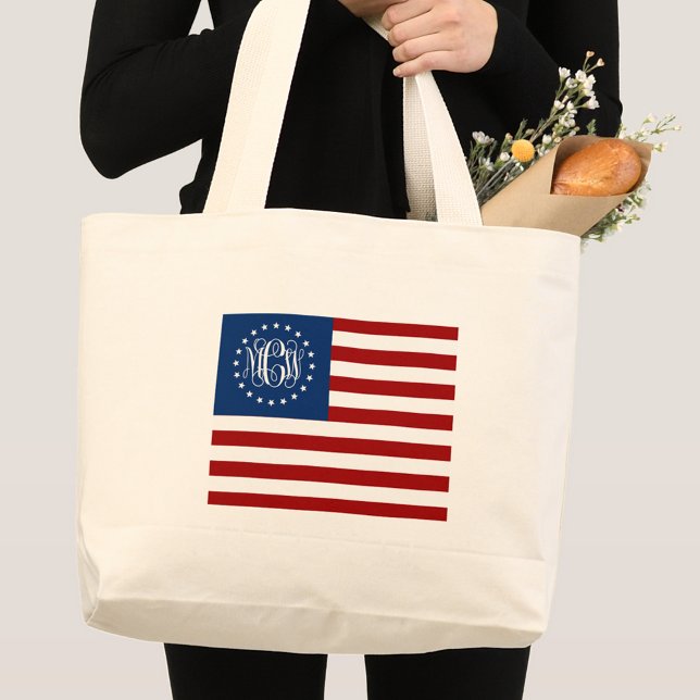 USA Flag Vine Script Monogram W Stars #2 Large Tote Bag (Creator Uploaded)