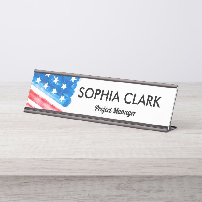 USA Flag Watercolor American Flag Custom Desk Name Plate (Front)