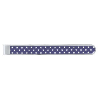 USA Flag White Stars on Flag Blue Silver Finish Tie Clip