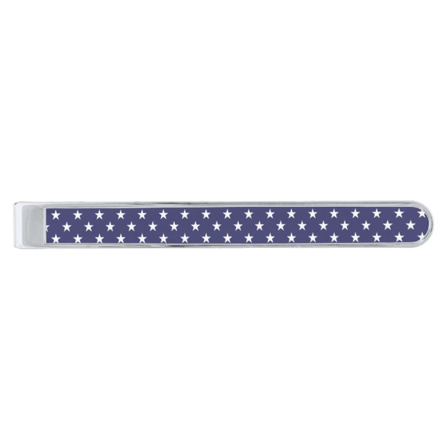 USA Flag White Stars on Flag Blue Silver Finish Tie Clip (Front)