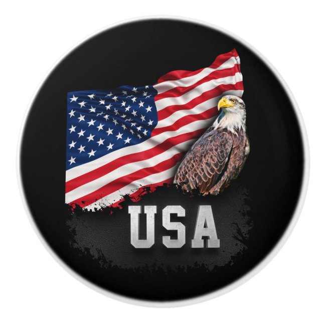 USA Flag with Bald Eagle 4th of July Ceramic Knob (Front)