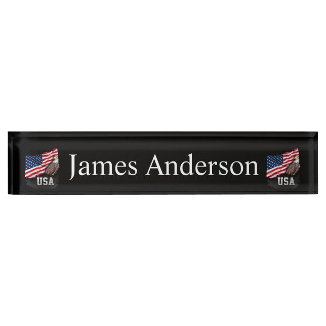 USA Flag with Bald Eagle 4th of July Desk Name Plate (Front)