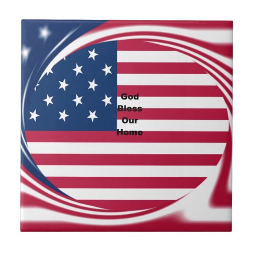 USA flag with God Bless our Home text art design  Ceramic Tile