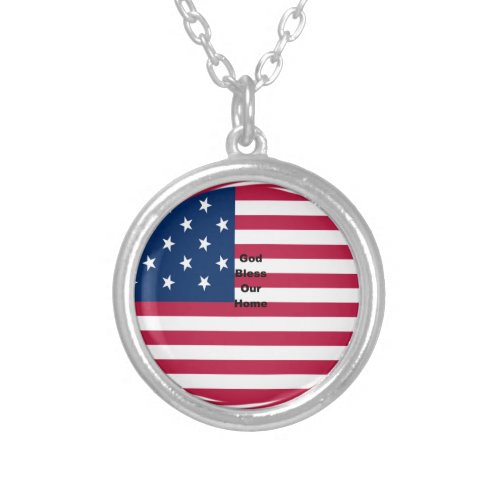 USA flag with God Bless our Home text art design  Silver Plated Necklace