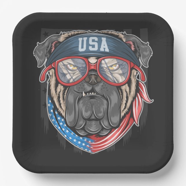 USA Flag with Pug    Paper Plates (Front)