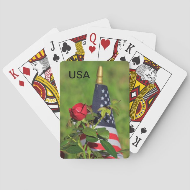 USA Flag with Red Roses Poker Cards (Back)