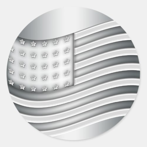 USA flag with Silver metal effect Classic Round Sticker