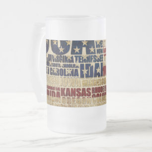 USA Flag Word Cloud All 50 States Art Frosted Glass Beer Mug