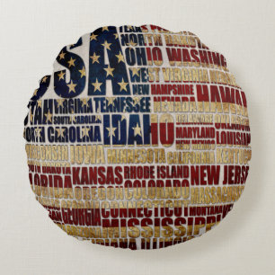 USA Flag Word Cloud All 50 States Art Round Pillow