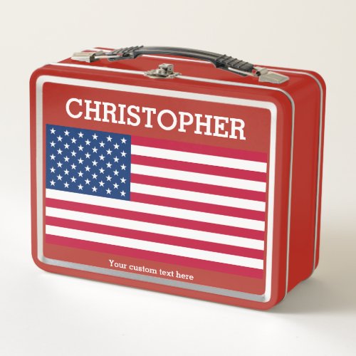 USA flag  Your name  Custom text red  Metal Lunch Box