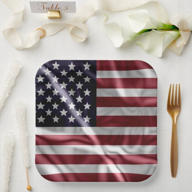 USA Flapping Flag Red, White Stripes, Starry Blue Paper Plates (Wedding)