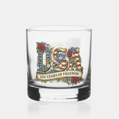USA Floral Flag Emblem  Whiskey Glass