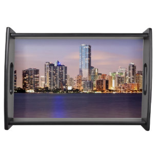 USA, Florida, Miami skyline at dusk 2 Serving Tray