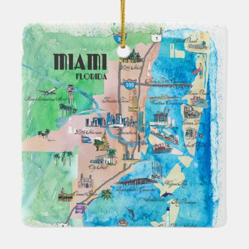 USA Florida Travel Poster Map With Highlights And Ceramic Ornament