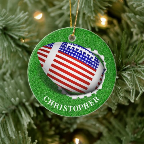 USA Football Tearing Out Christmas  Ceramic Ornament