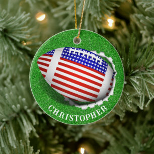 USA Football Tearing Out Christmas Ceramic Ornament