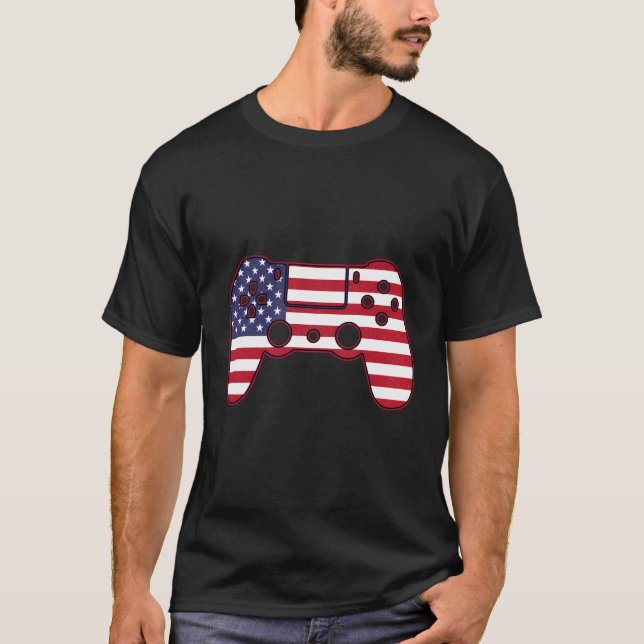 Usa Game On - Controller With Flag Gamer Patriot T-Shirt (Front)