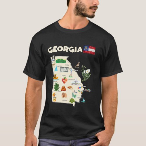 Usa Georgia State Travel Map Cities Flag Landmarks T_Shirt