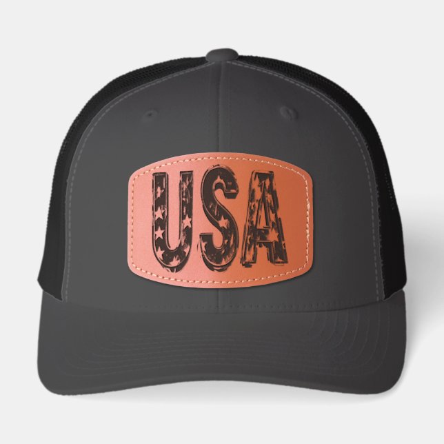 USA | Grunge style word art Leather Patch Hat (Front)