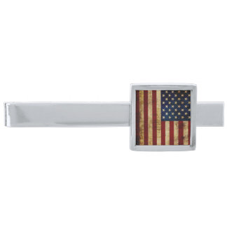 USA / Grunged flag Silver Finish Tie Clip