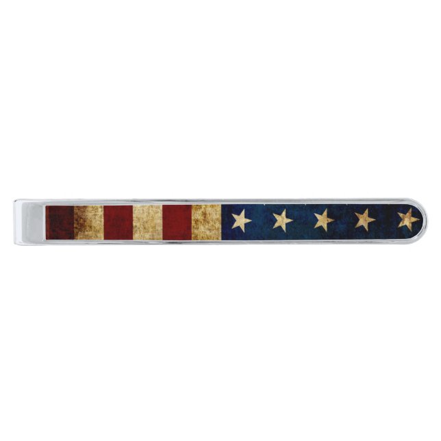 USA / Grunged flag Silver Finish Tie Clip (Front)