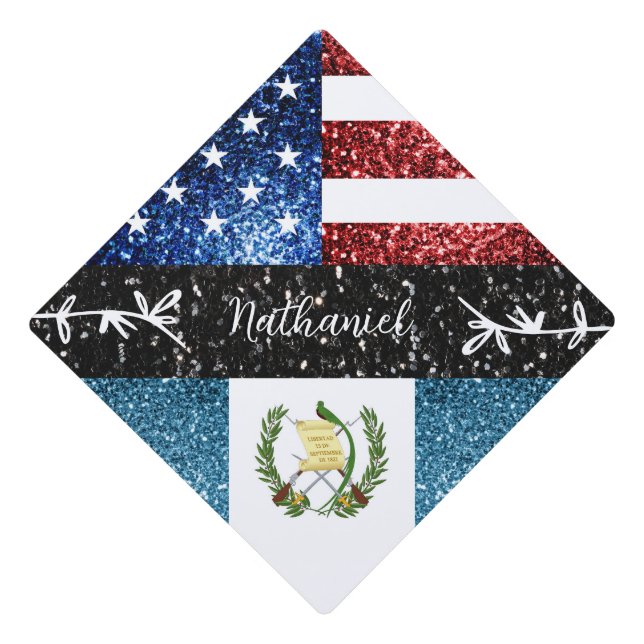 USA Guatemala flag red blue sparkles Custom Name Graduation Cap Topper (Front)