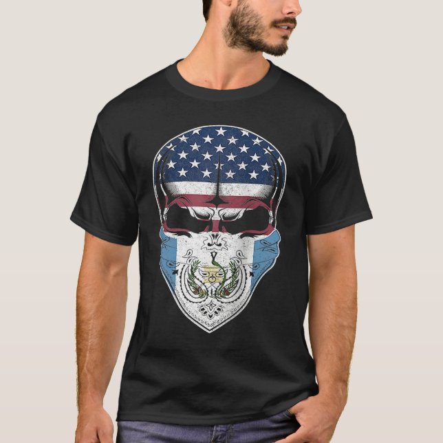 USA Guatemala Roots  Guatemalan American Flag Skul T-Shirt (Front)