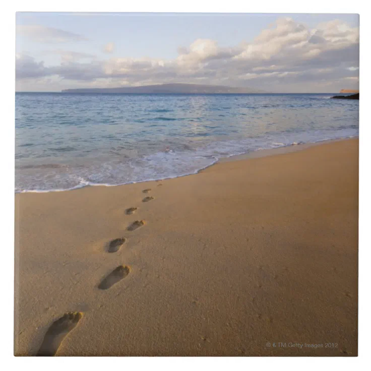 USA, Hawaii, Maui, Wailea, footprints on beach 2 Ceramic Tile Zazzle
