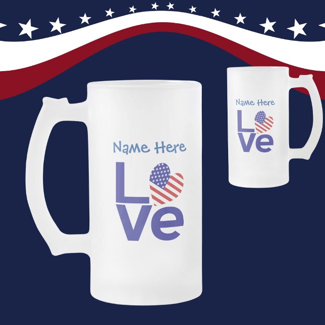 USA Heart Flag Blue LOVE Personalized Name  Frosted Glass Beer Mug (Creator Uploaded)