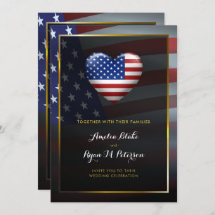 USA Heart Flag   Gold Frame   Luxury Wedding Invitation
