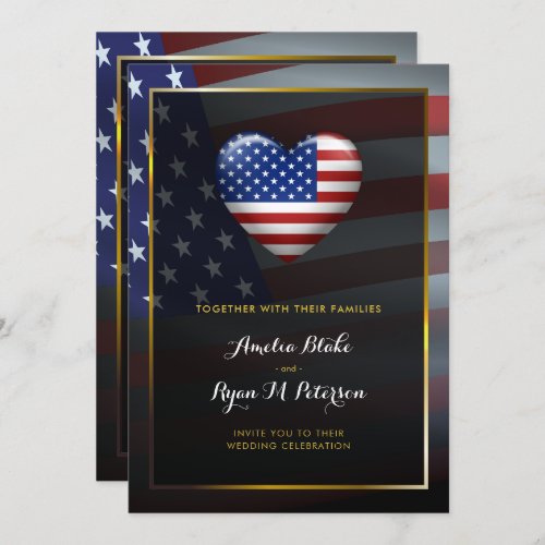 USA Heart Flag  Gold Frame  Luxury Wedding Invitation