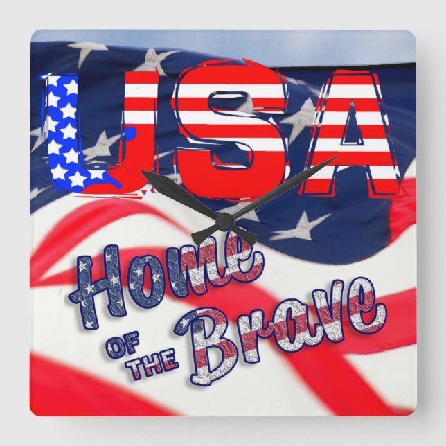 USA Home of the Brave Flag Square Wall Clock (Front)
