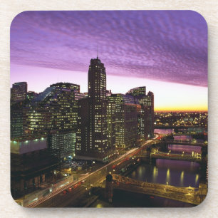 USA, IL, Chicago. Chicago skyline and river Beverage Coaster