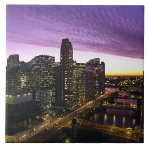 USA, IL, Chicago. Chicago skyline and river Ceramic Tile