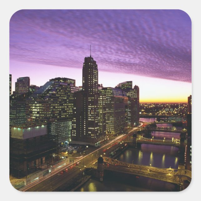USA, IL, Chicago. Chicago skyline and river Square Sticker (Front)