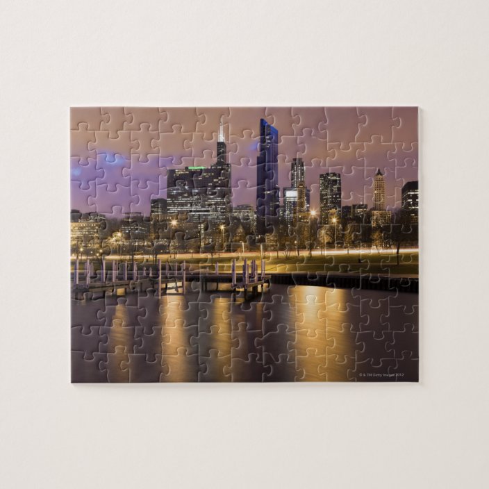 USA, Illinois, Chicago, City skyline and marina Jigsaw ...