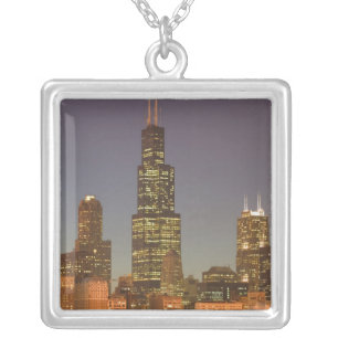 USA, Illinois, Chicago: City Skyline / Evening Silver Plated Necklace