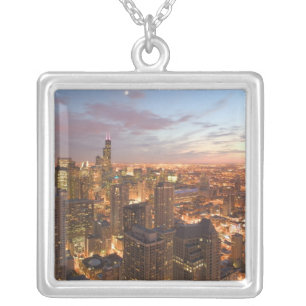 USA, Illinois, Chicago: Evening View of The Loop Silver Plated Necklace