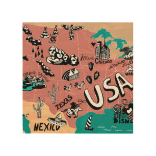 USA Illustrated: Colorful Map Journey. Wood Wall Art