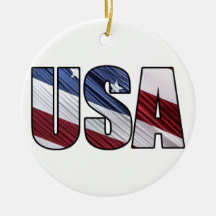 USA in Red White and Blue American Patriotic Flag Ceramic Ornament