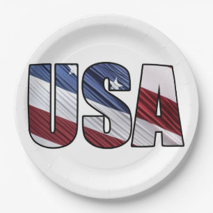 USA in Red White and Blue American Patriotic Flag Paper Plates
