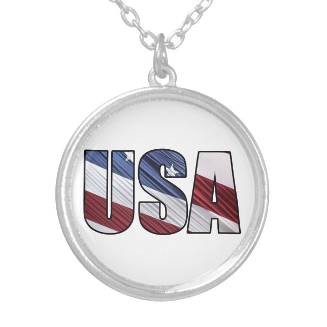 USA in Red White and Blue American Patriotic Flag Silver Plated Necklace (Front)