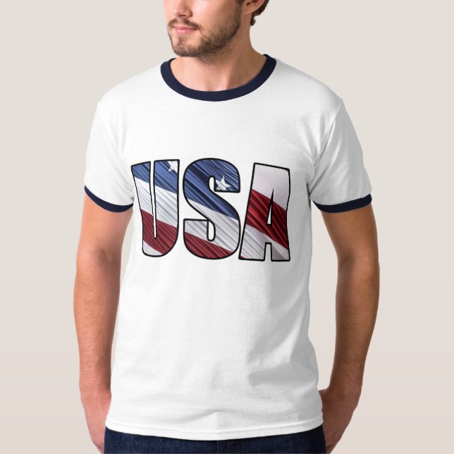 USA in Red White and Blue American Patriotic Flag T-Shirt (Front)