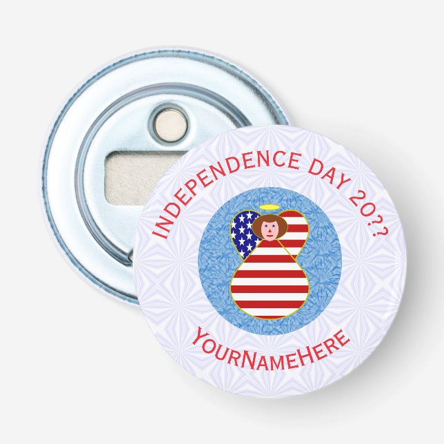 USA Independence Day Angel Flag Personalized Round Bottle Opener (Front)