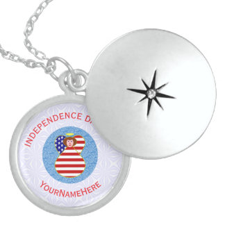 USA Independence Day Angel Flag Personalized Round Locket Necklace